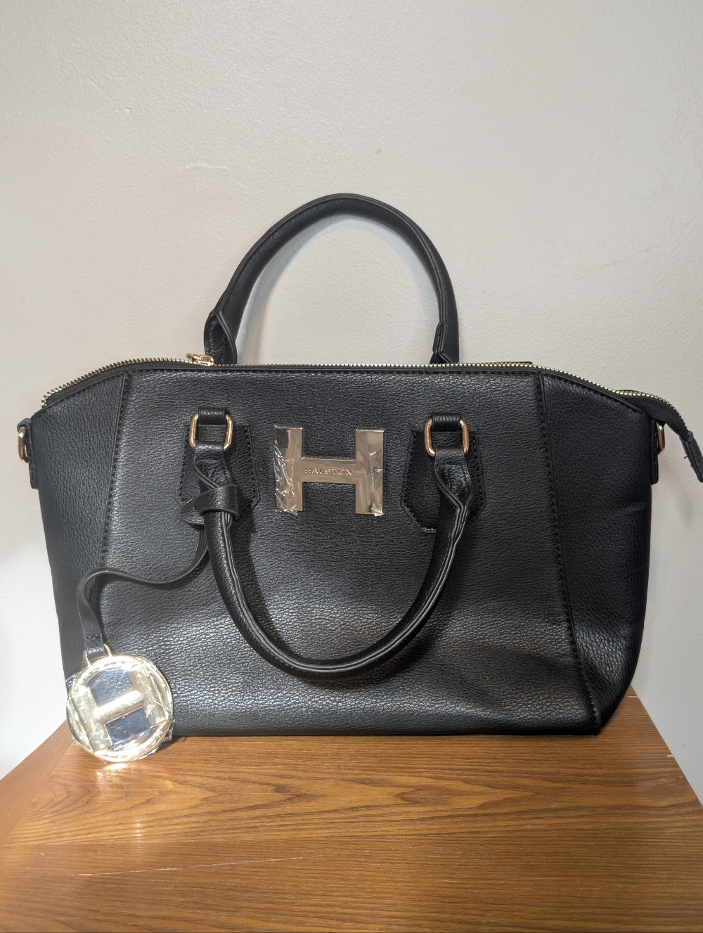 Halston Black Satchel with Gold H Hardware Accents NWOT